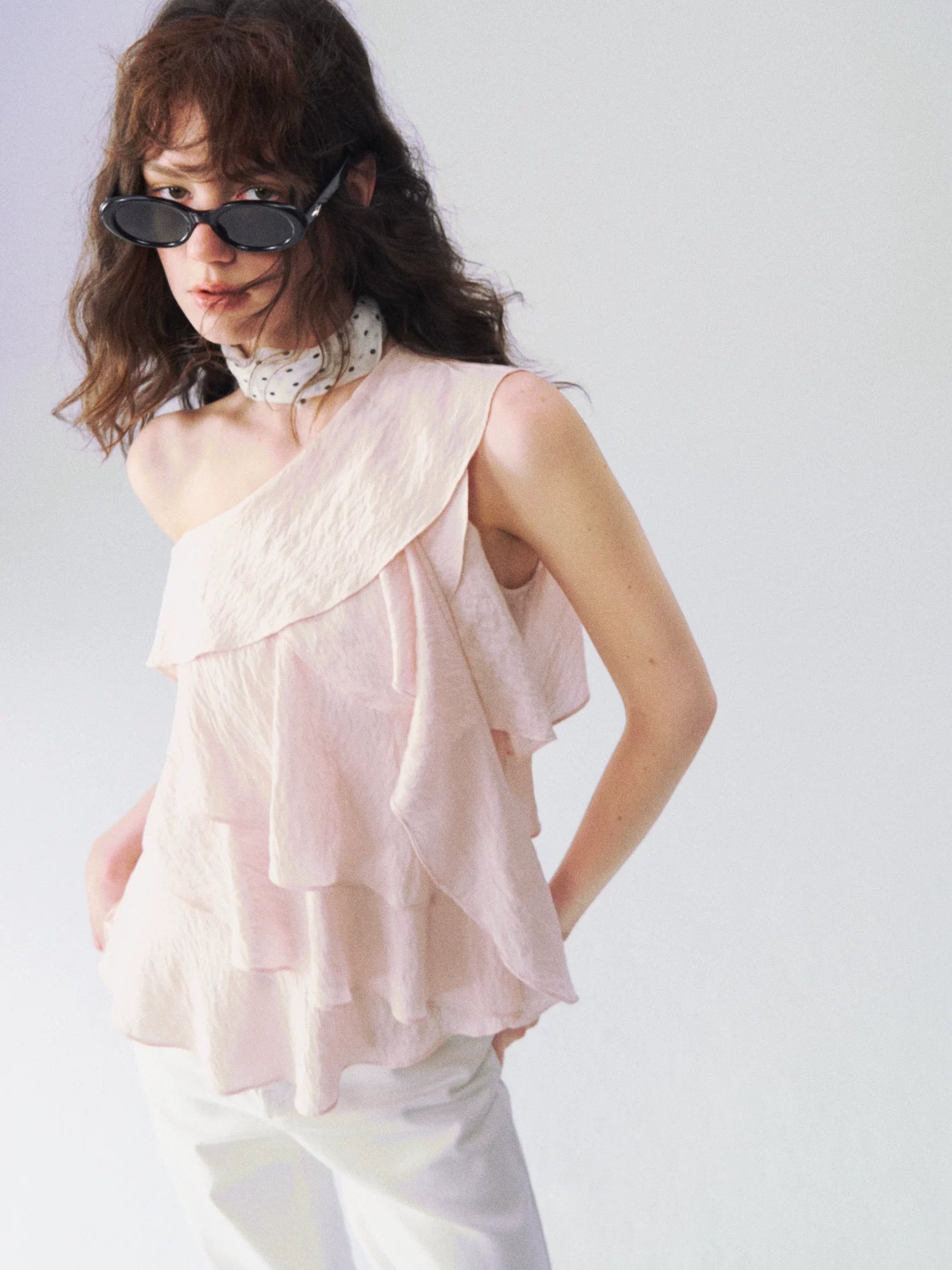 Layered Ruffle One-Shoulder Blouse