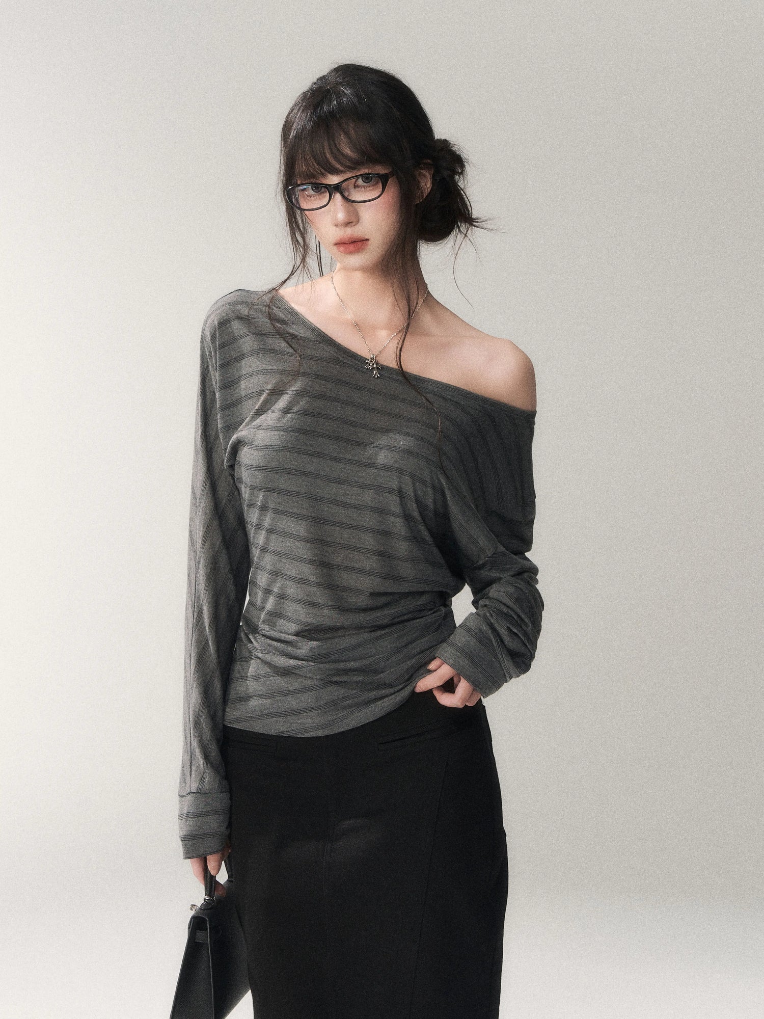 Asymmetric Off-Shoulder Striped Tencel Slim-Fit Long Sleeve Top