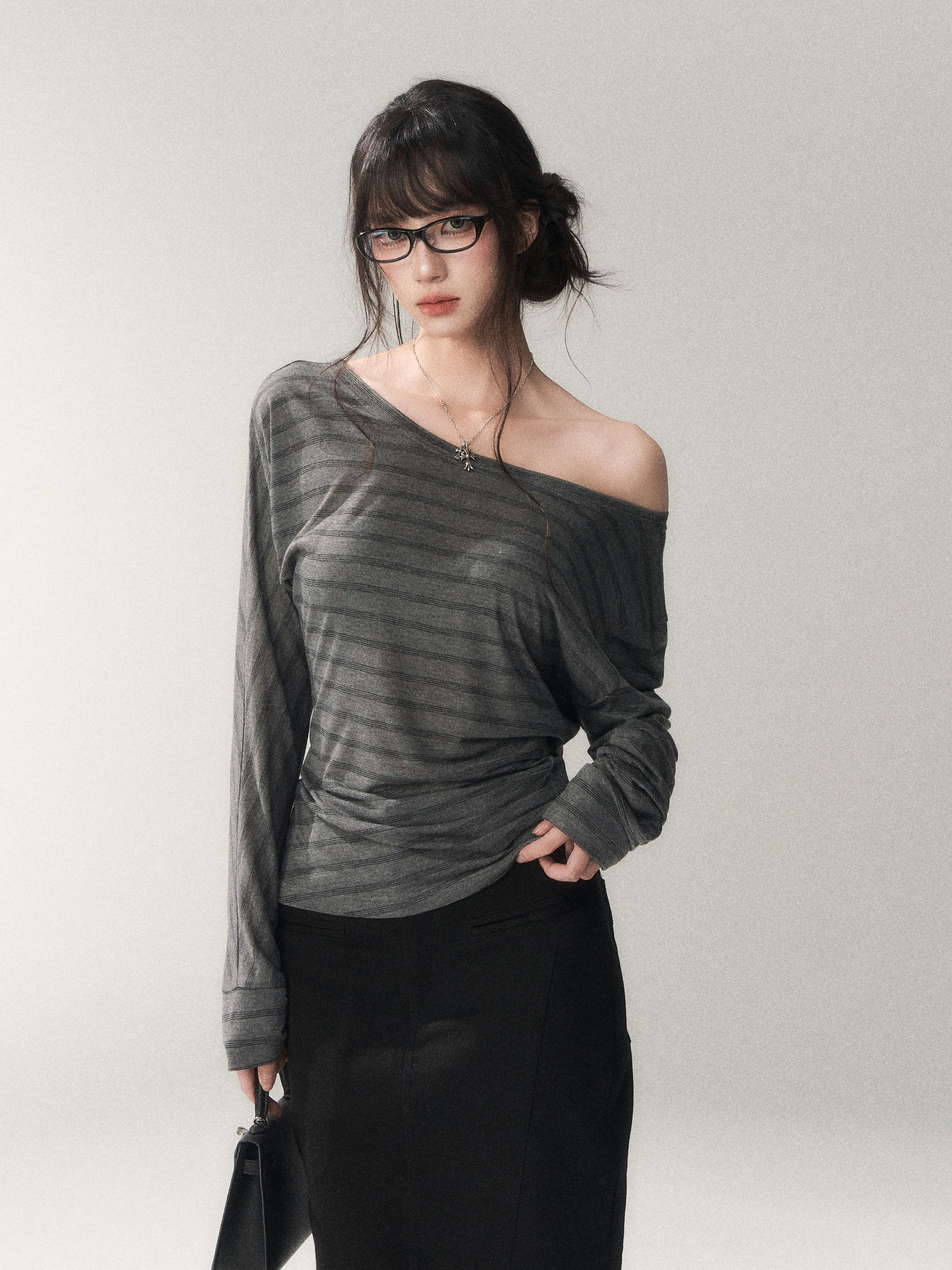 Asymmetric Off-Shoulder Striped Tencel Slim-Fit Long Sleeve Top