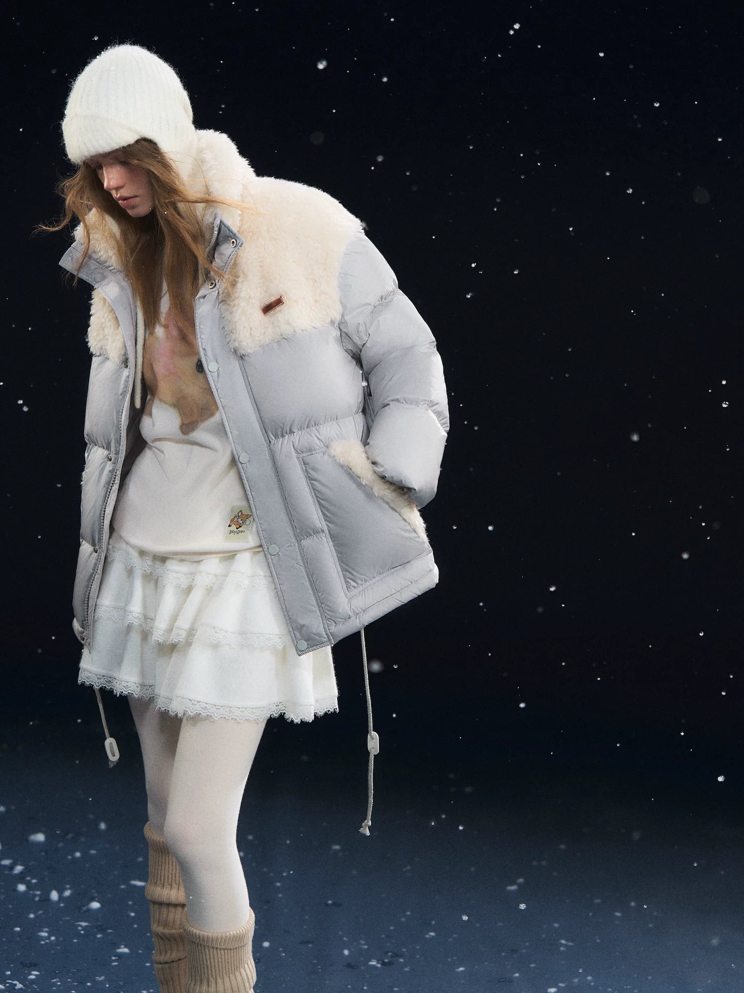 Shearling-Panel Stand-Collar Down Jacket