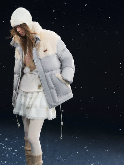 Shearling-Panel Stand-Collar Down Jacket