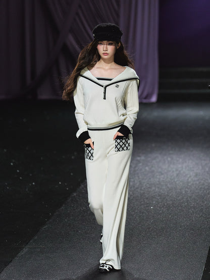 Sailor V-neck pullover &amp; Quilted Straight Pants Set