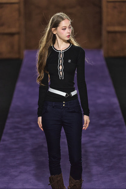 Contrast Trim Knit Belt Detail Fitted Crewneck