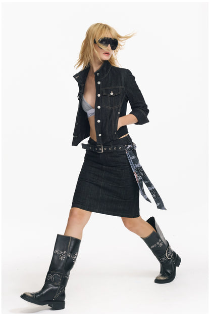 Cropped Stripe Stitch Denim Jacket &amp; Skirt Set