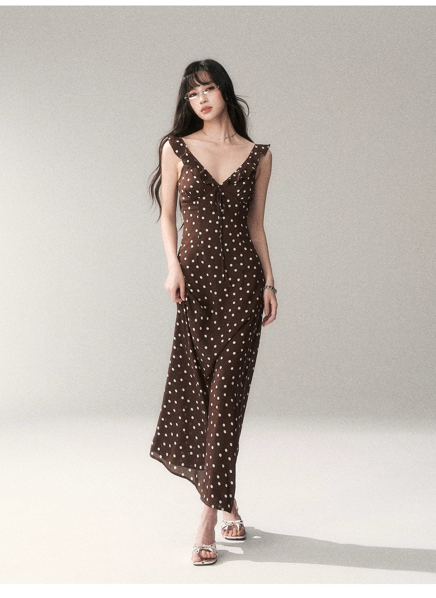Chocolate Polka Dot French Slim-Fit Slip Maxi Dress
