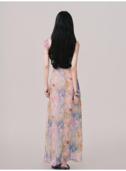 Floral V-Neck French Slip Maxi Dress