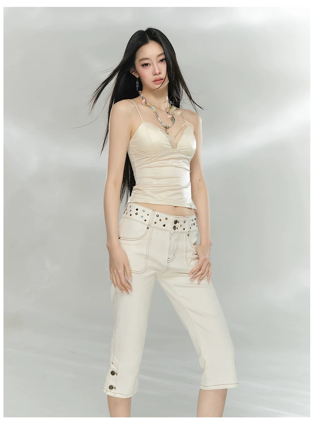 Studded Belt Cropped Denim Pants