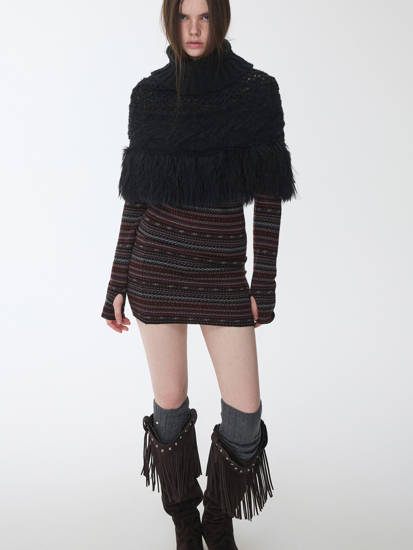 Cable Knit Fringed High-Neck Wool Blend Poncho