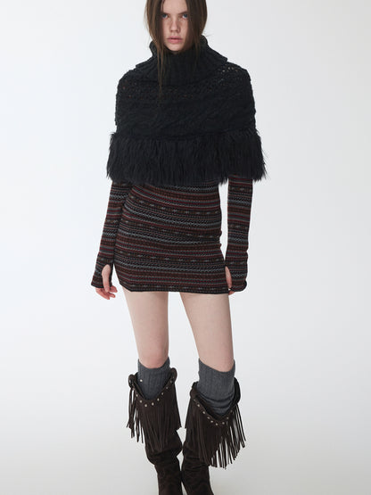 Cable Knit Fringed High-Neck Wool Blend Poncho