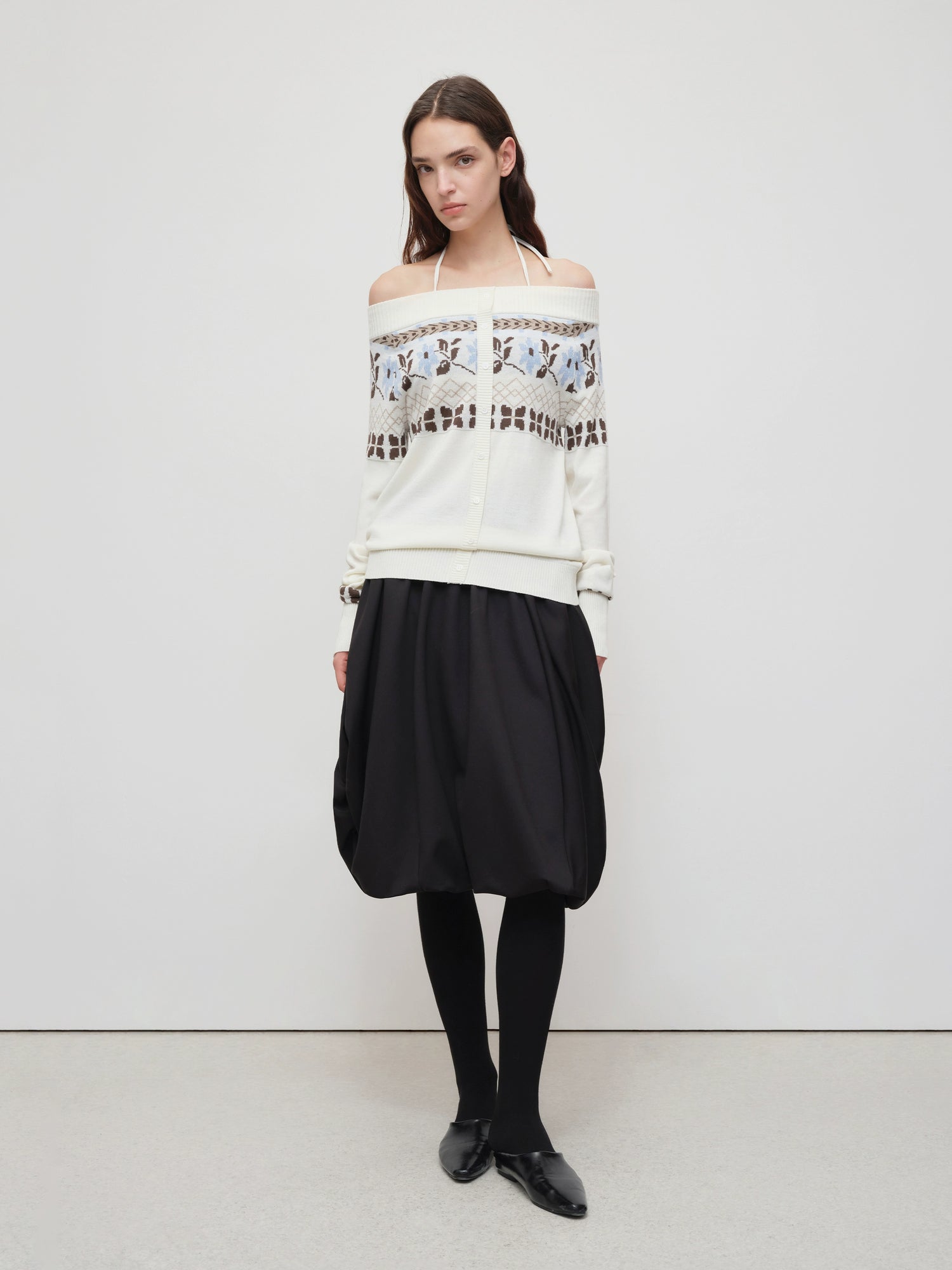 Air Isle Off-Shoulder Wool Knit Sweater