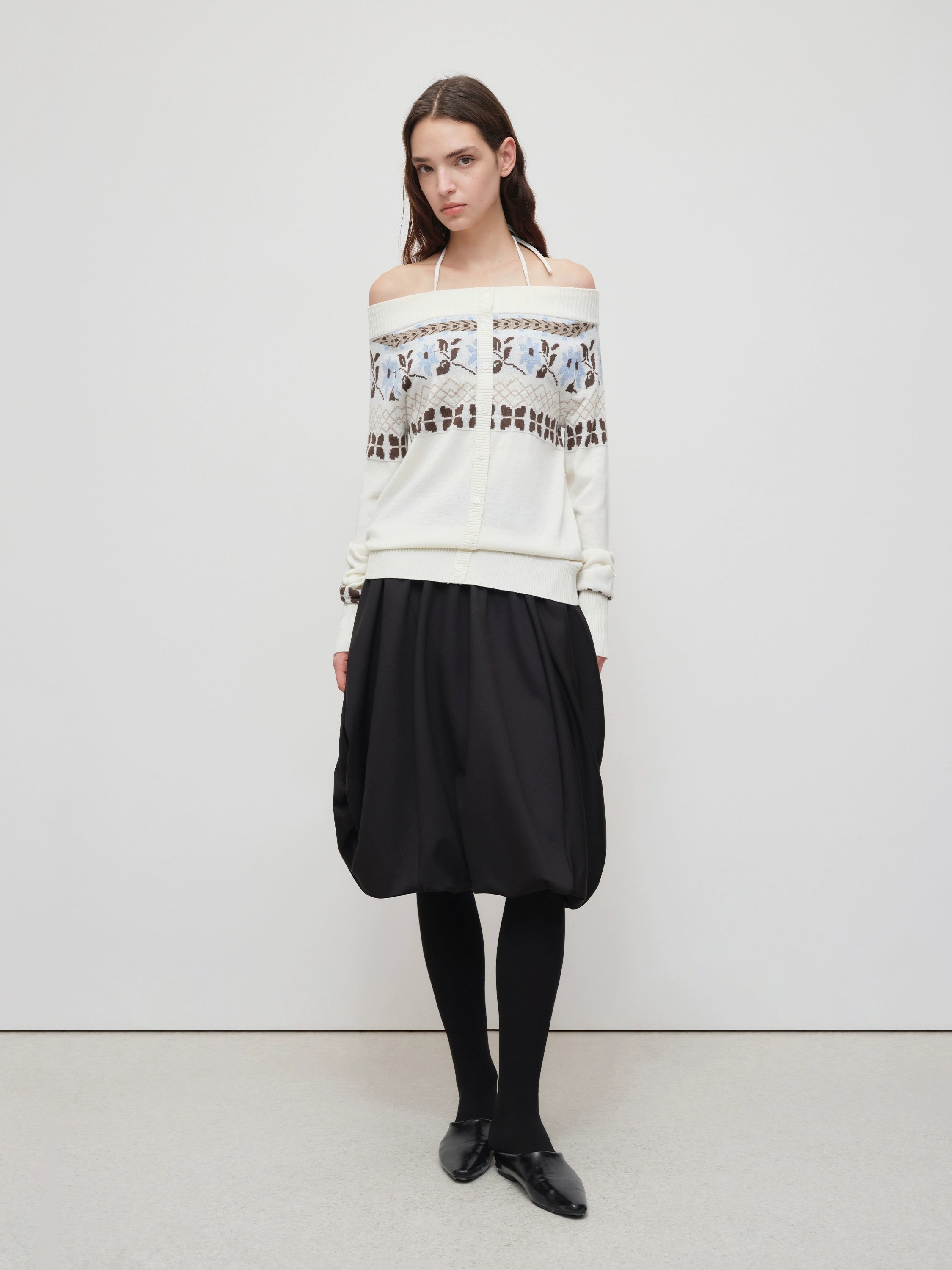 Air Isle Off-Shoulder Wool Knit Sweater