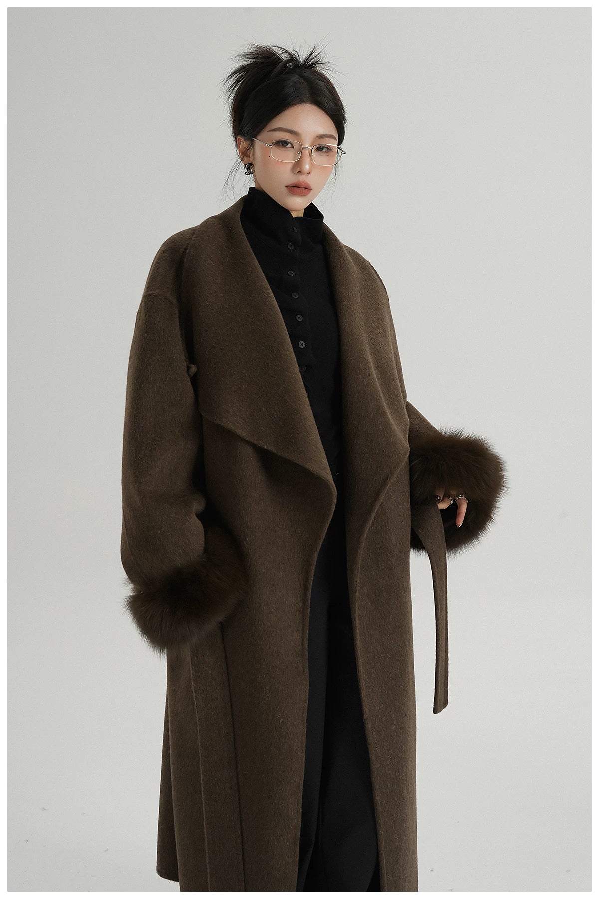 Elegant Fox-Fur Sleeve Long Wool Coat