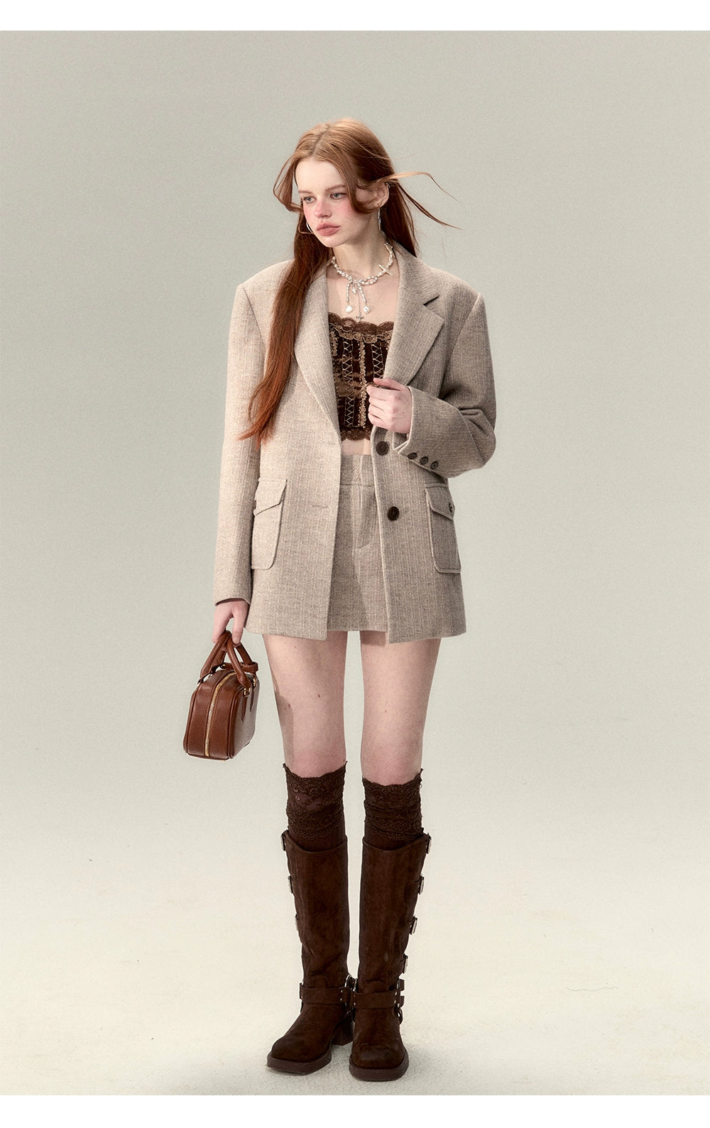 Coffee-Colored Suit Jacket &amp; Skirt Set - CHINASQUAD