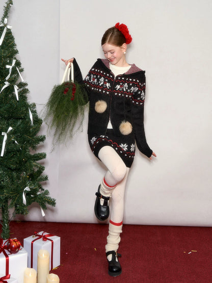 Hooded Knit Cardigan &amp;  Mini Skirt Two-Piece Set