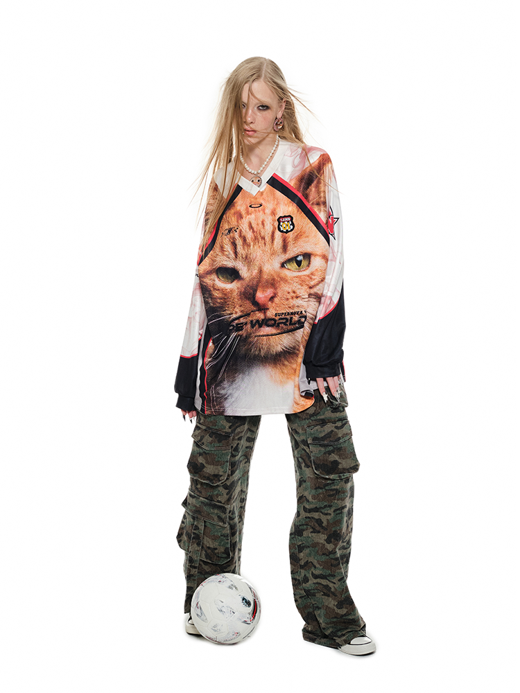 Large Face Cat Print Basketball Long T-shirt