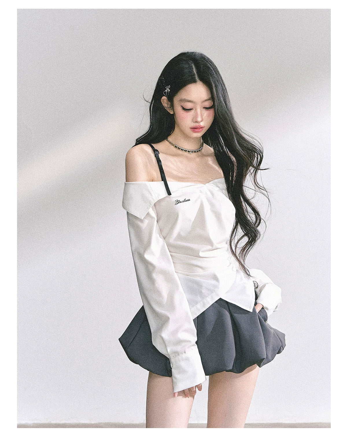 Off-Shoulder Plaid Long-Sleeve Shirt