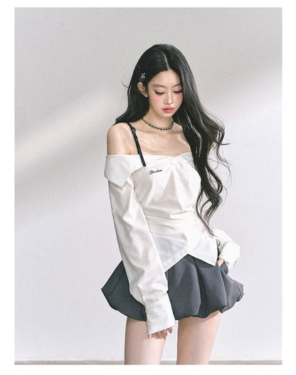 Off-Shoulder Plaid Long-Sleeve Shirt