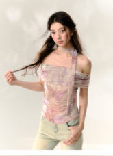 Purple Butterfly & Pink Butterfly Mesh One-shoulder T-shirt - CHINASQUAD