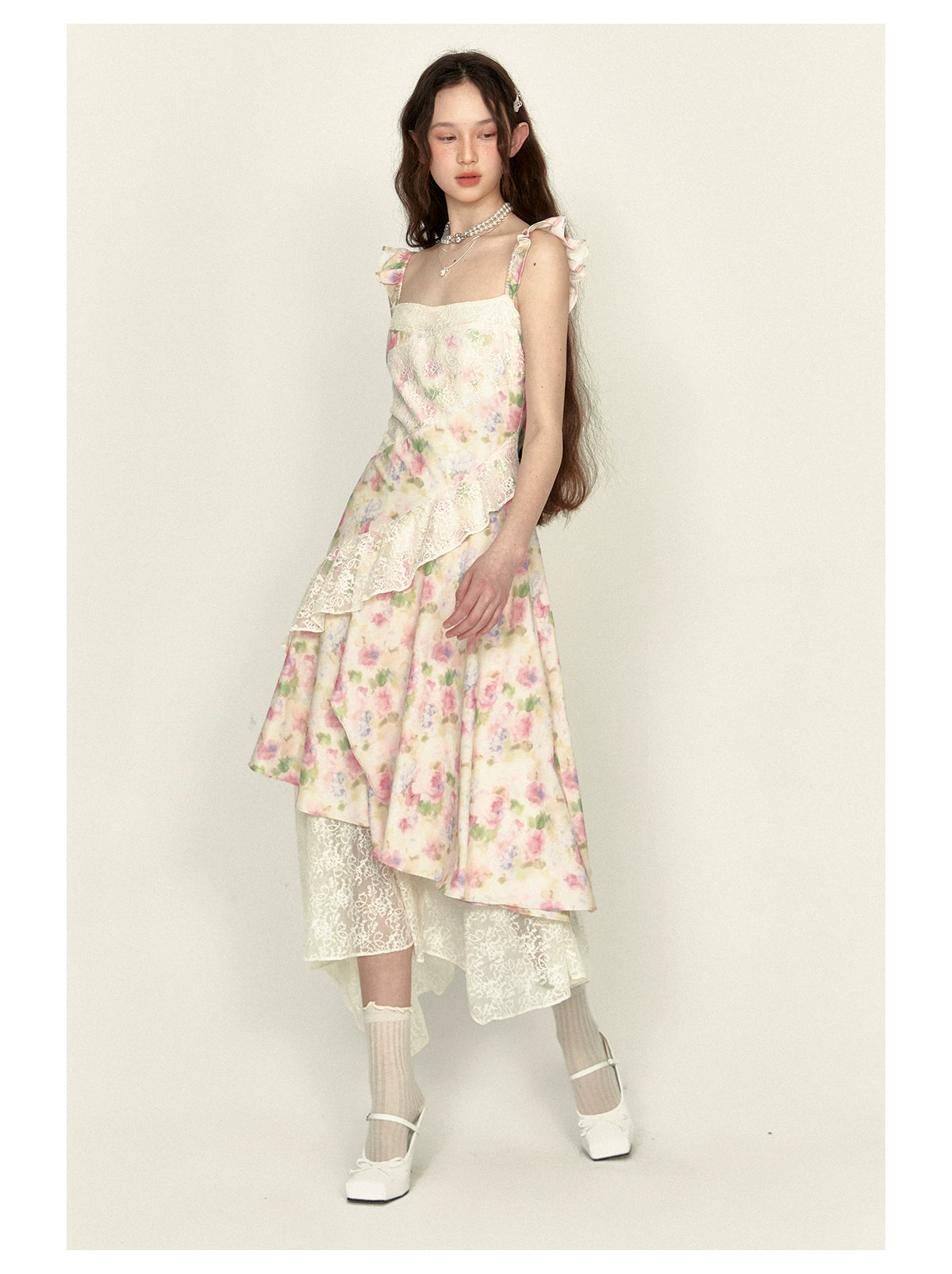 Lace Panel Floral Print Dress