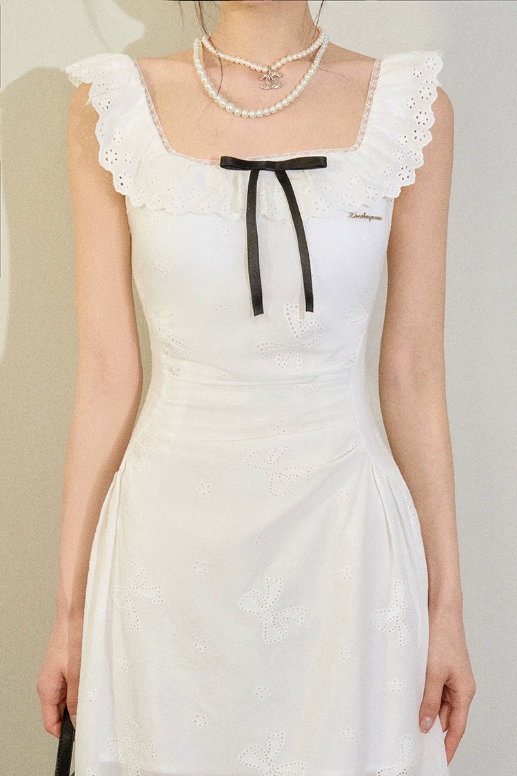 White Butterfly Bow Embroidered Hollow Out Dress - CHINASQUAD