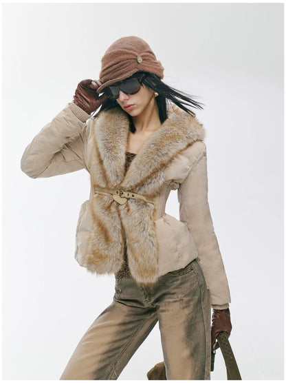 Vintage-Tech Distressed Fur-Panel Down Jacket