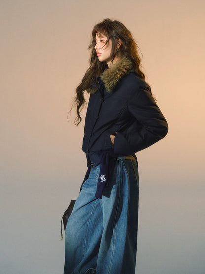 Detachable Fur-Collar Fitted Down Jacket