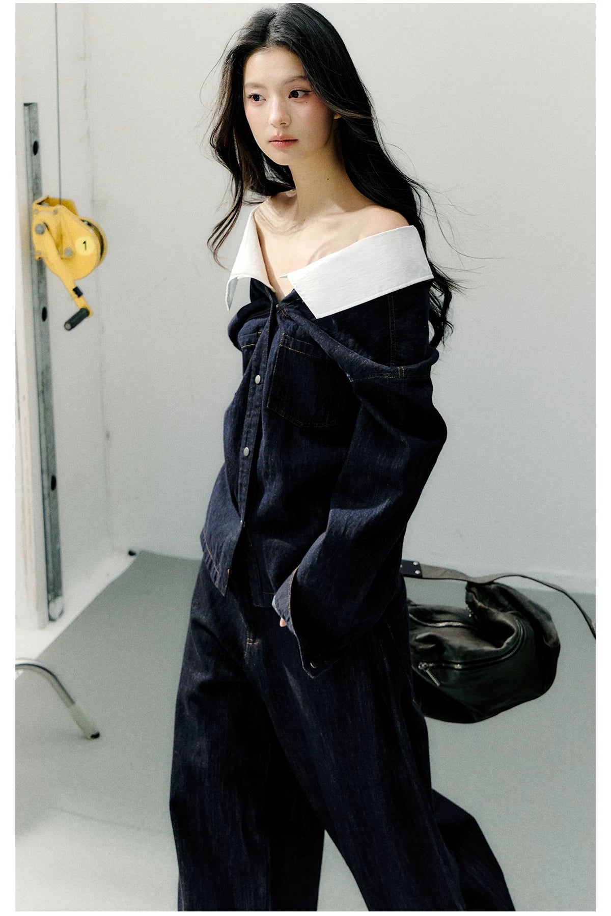 Off-Shoulder Denim Long Sleeve Shirt