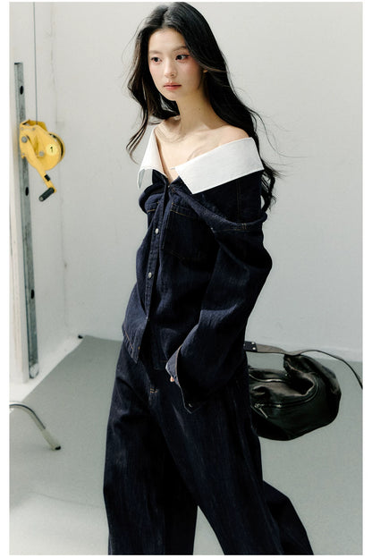 Off-Shoulder Denim Long Sleeve Shirt