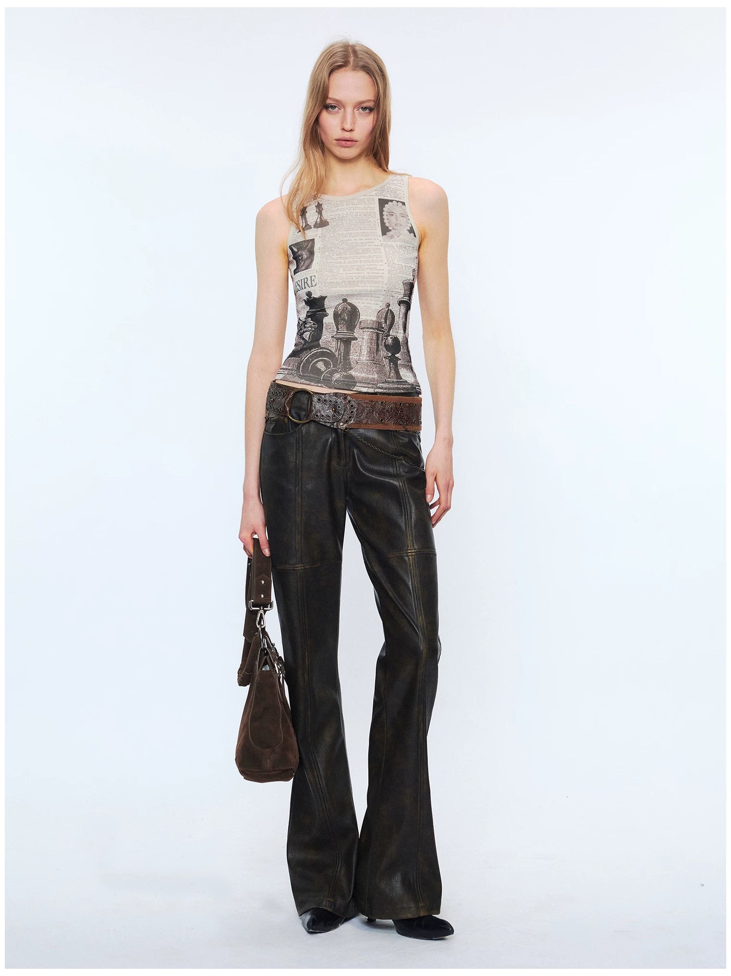 Reversible Newspaper Print Lace Panel Tank Top