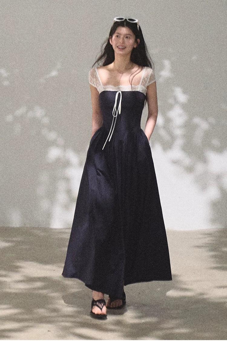 Lace-Spliced Cinched-Waist Vacation Camisole Dress