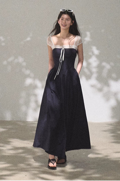 Lace-Spliced Cinched-Waist Vacation Camisole Dress