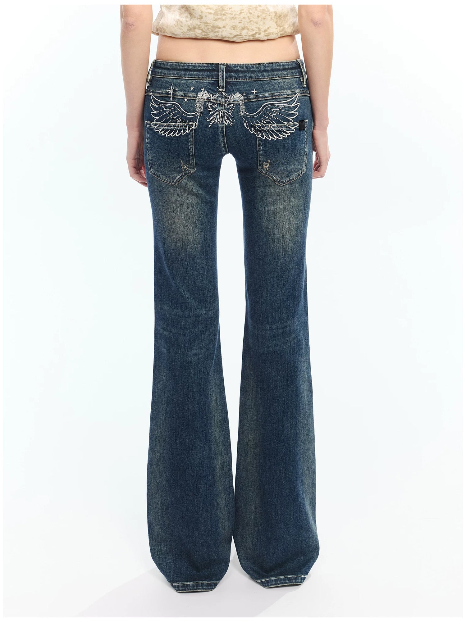 Vintage Washed Blue Pegasus Embroidered Flared Jeans