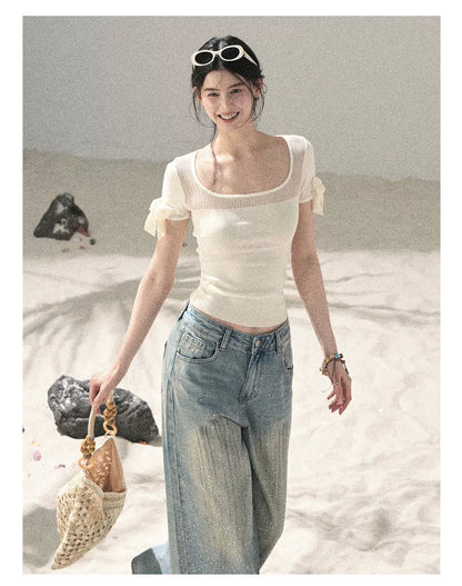 Square Neck Cut-Out Slim Fit Knit Top