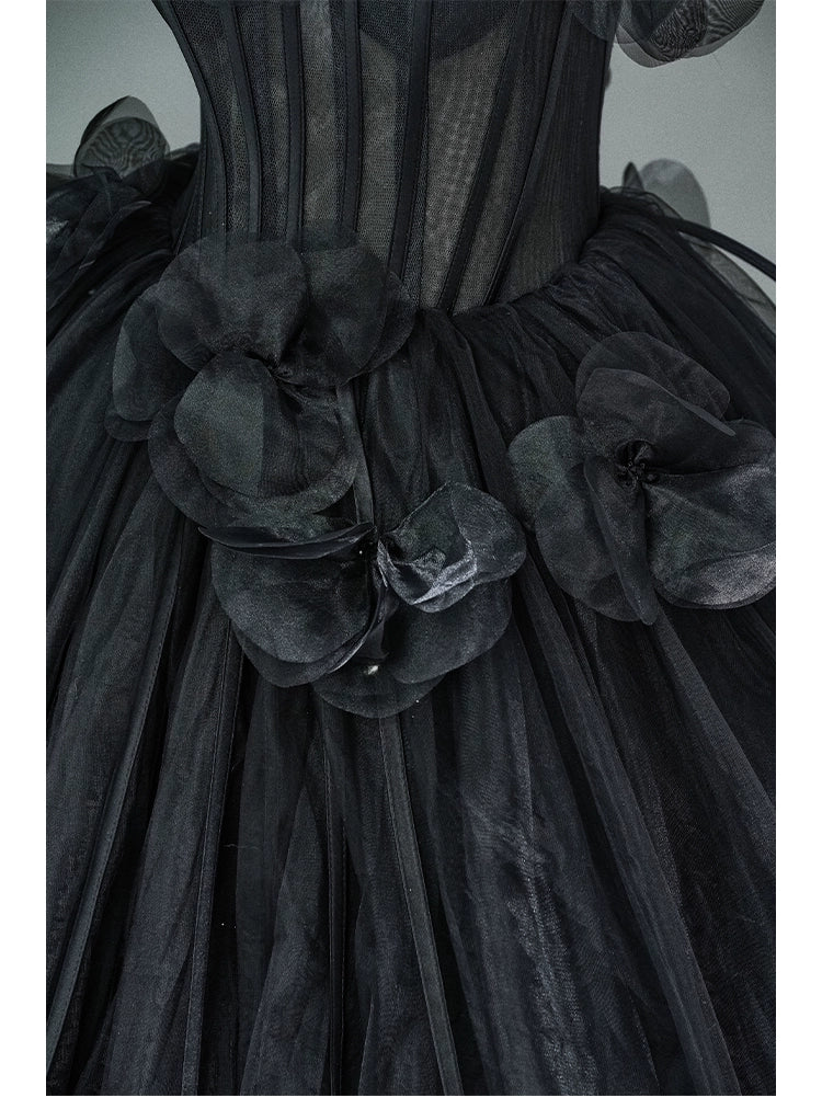 Nightfall Black Tulle Ball Gown with Floral Accents