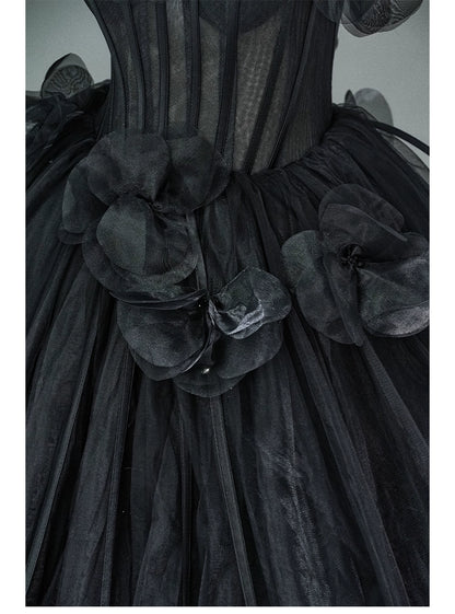 Nightfall Black Tulle Ball Gown with Floral Accents