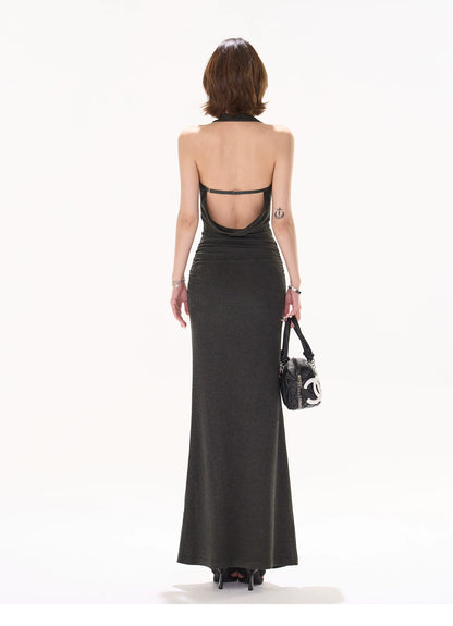 Elegant Draped Halter Knit Maxi Dress