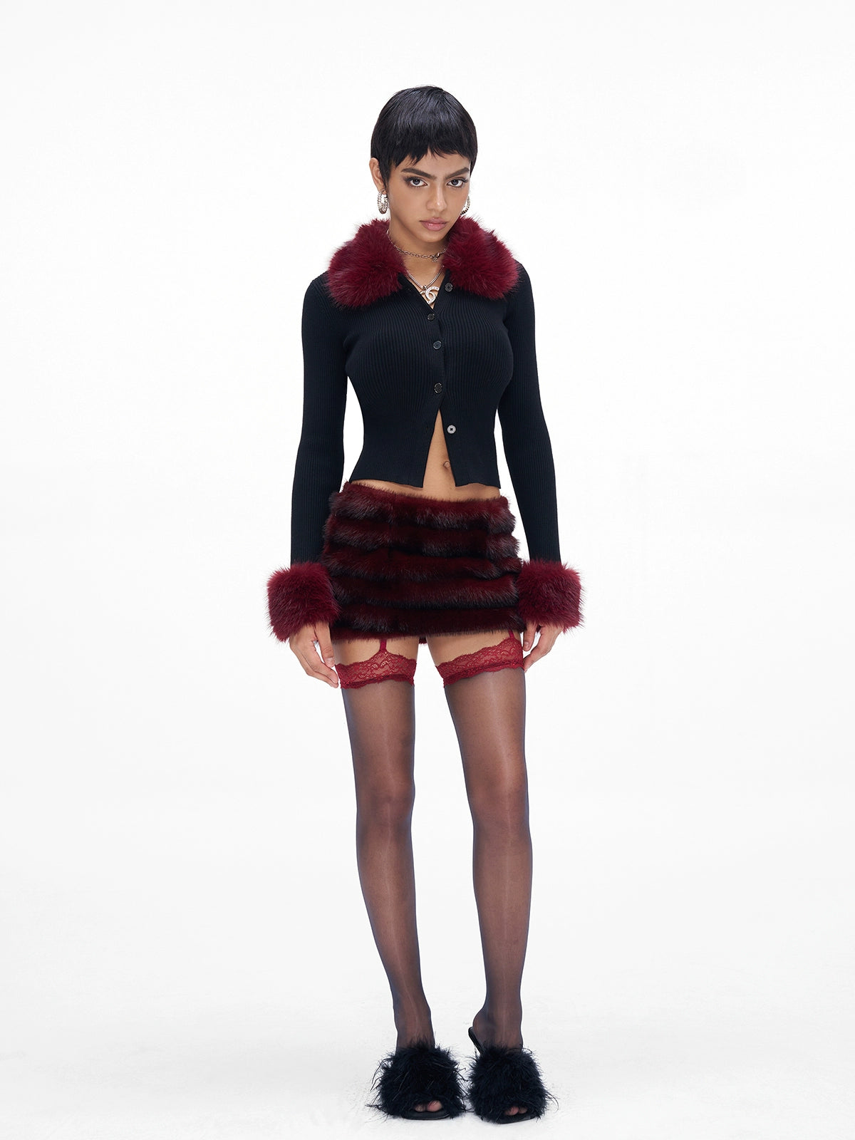 Fur-Collar Knit Cape &amp; Fuzzy Bodycon Skirt Set