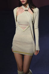 Spliced V-Neck Ribbon Layered Two-piece Dress - CHINASQUAD