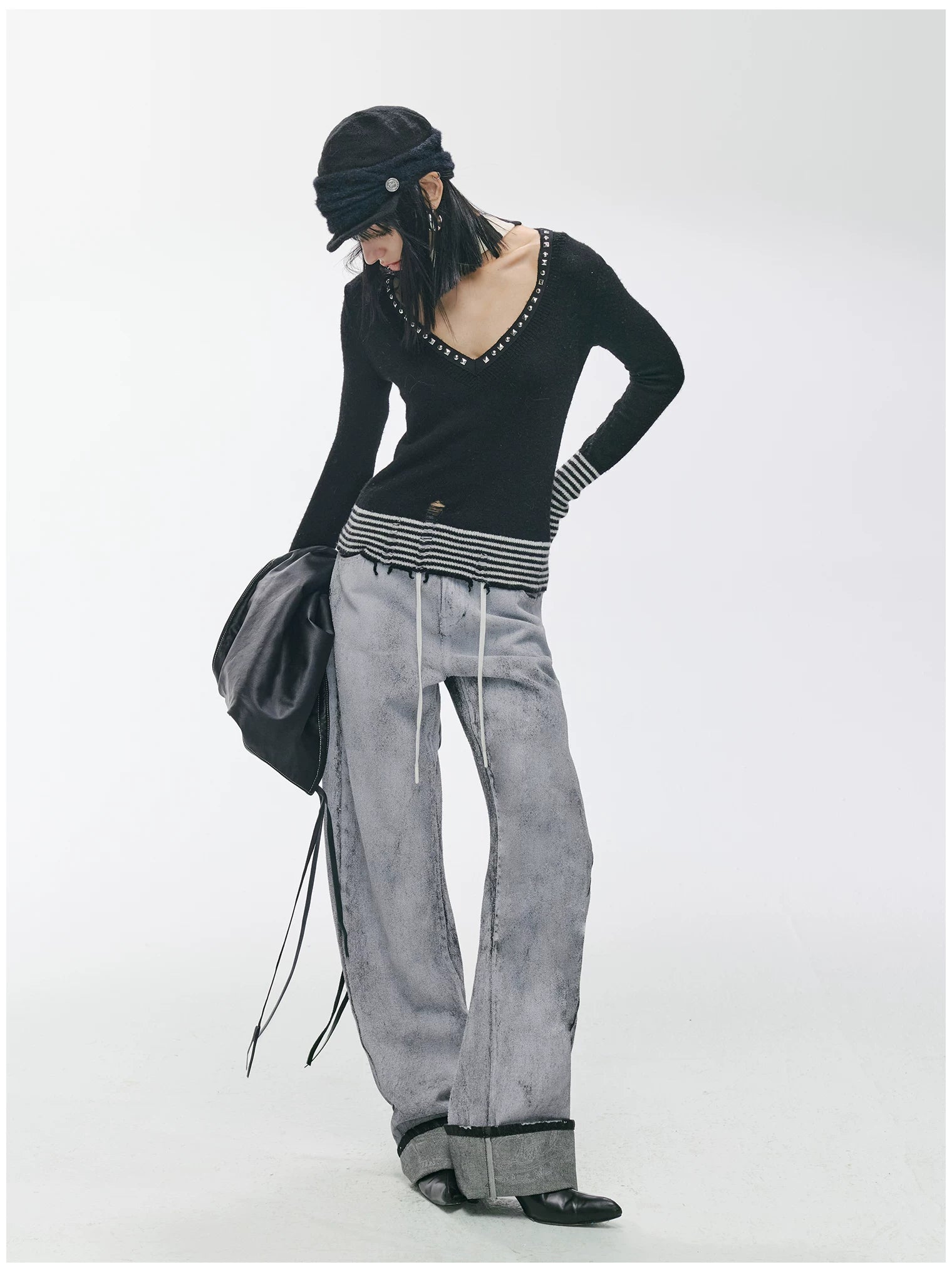 Striped Panel Slim-Fit Wool Knit Top