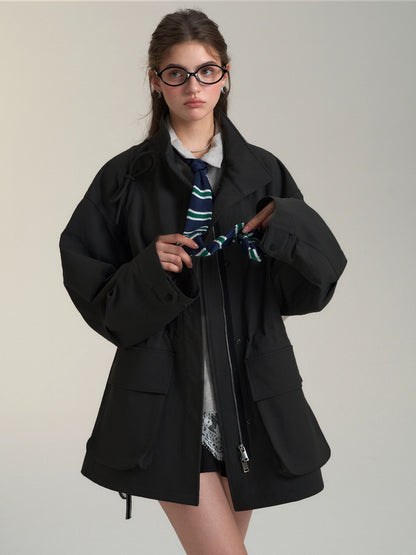 Drawstring Bow Double Zipper Field Jacket