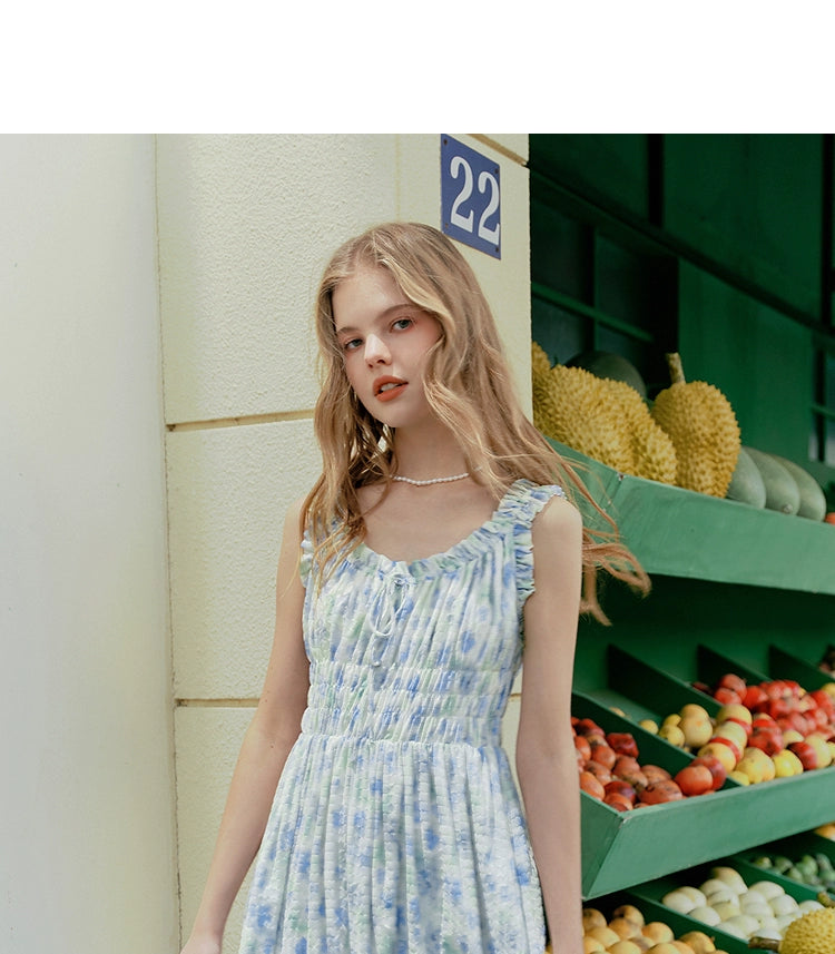 Blue Floral Lace-trimmed Spaghetti Strap Dress