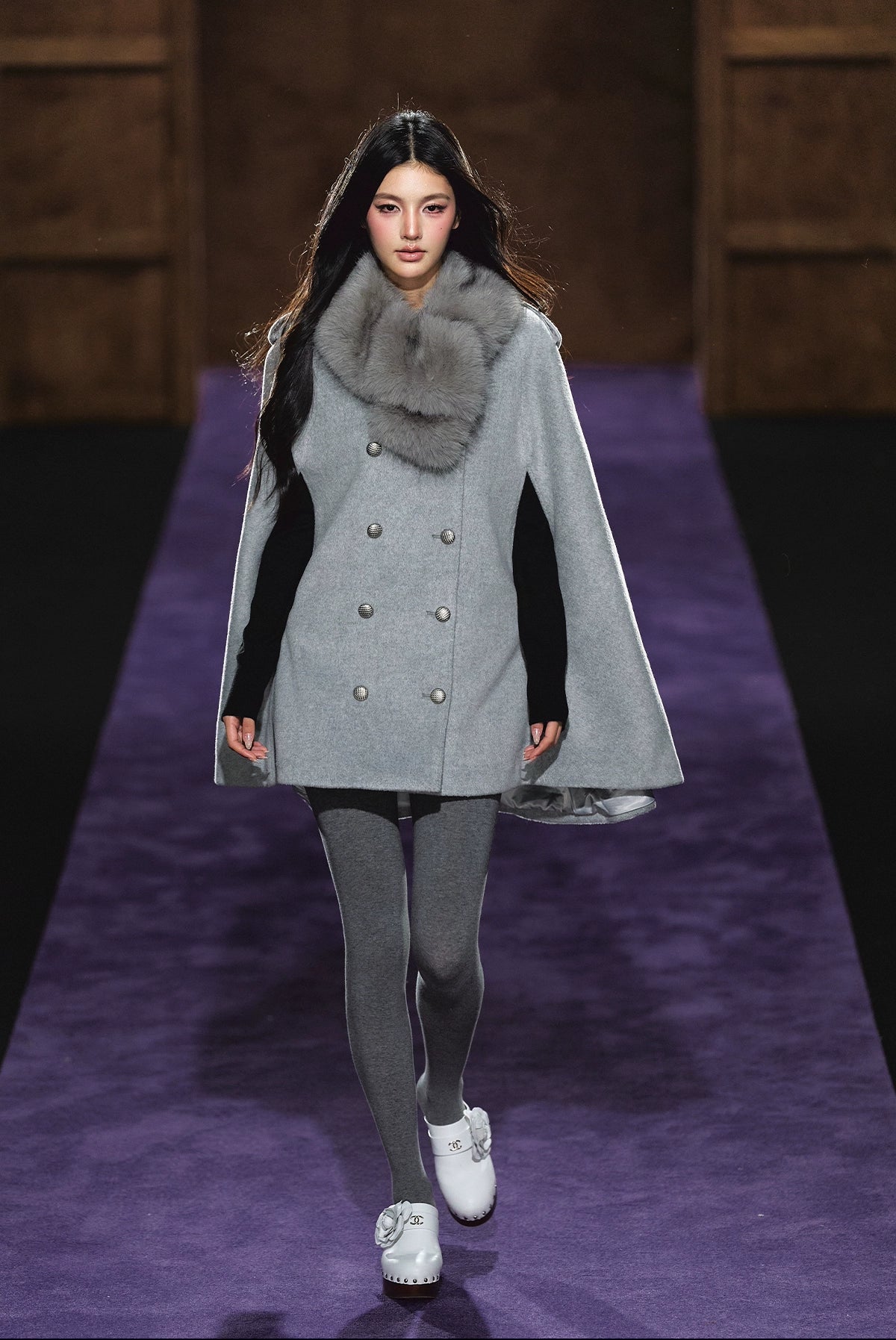 Wool-Blend Detachable Fur-Collar Cape Coat
