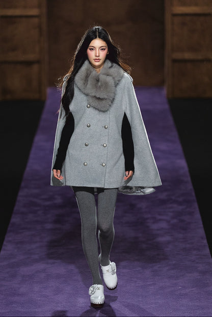 Wool-Blend Detachable Fur-Collar Cape Coat
