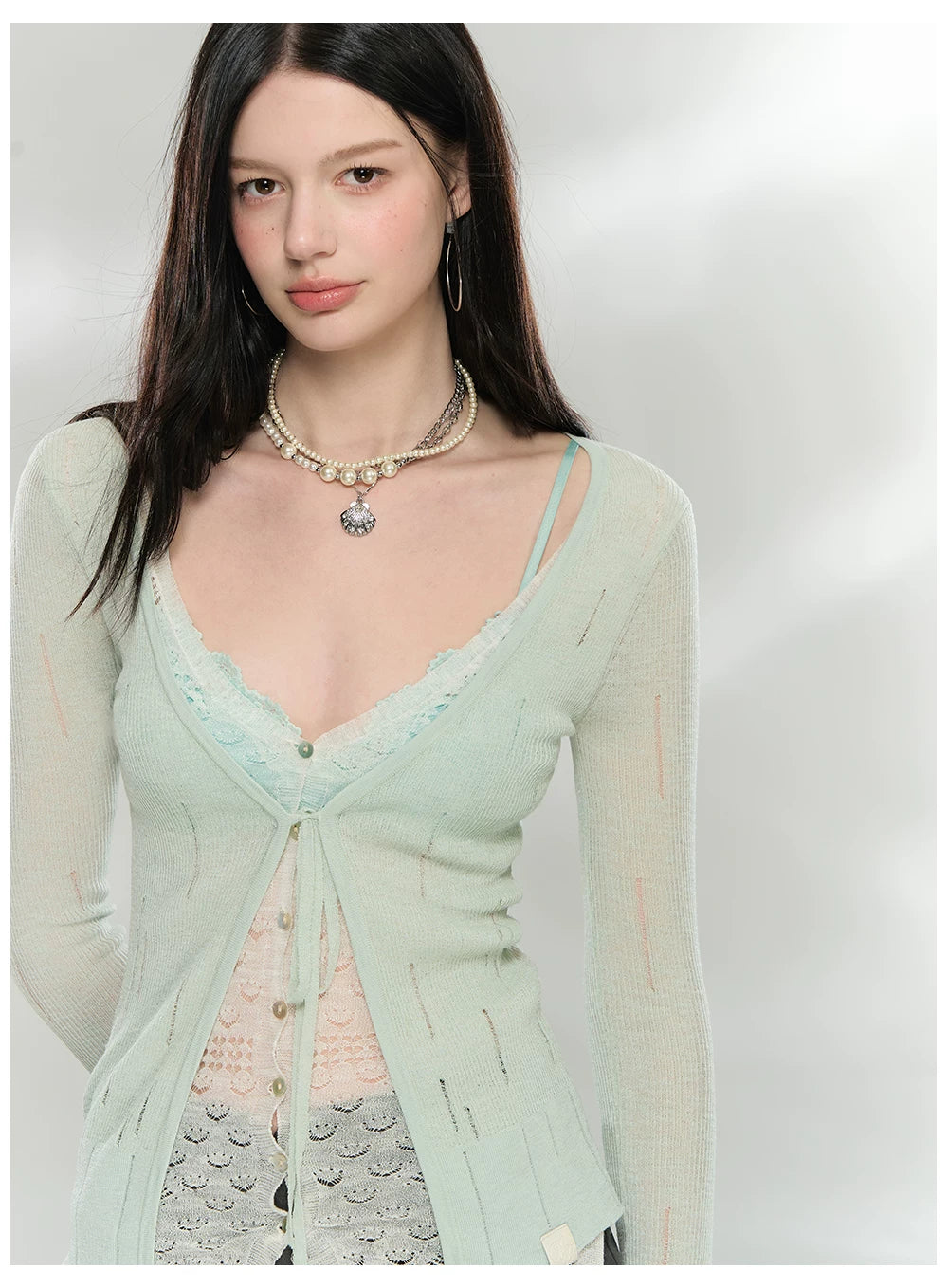 Sheer Layered Lace-Trim Knit Cardigan