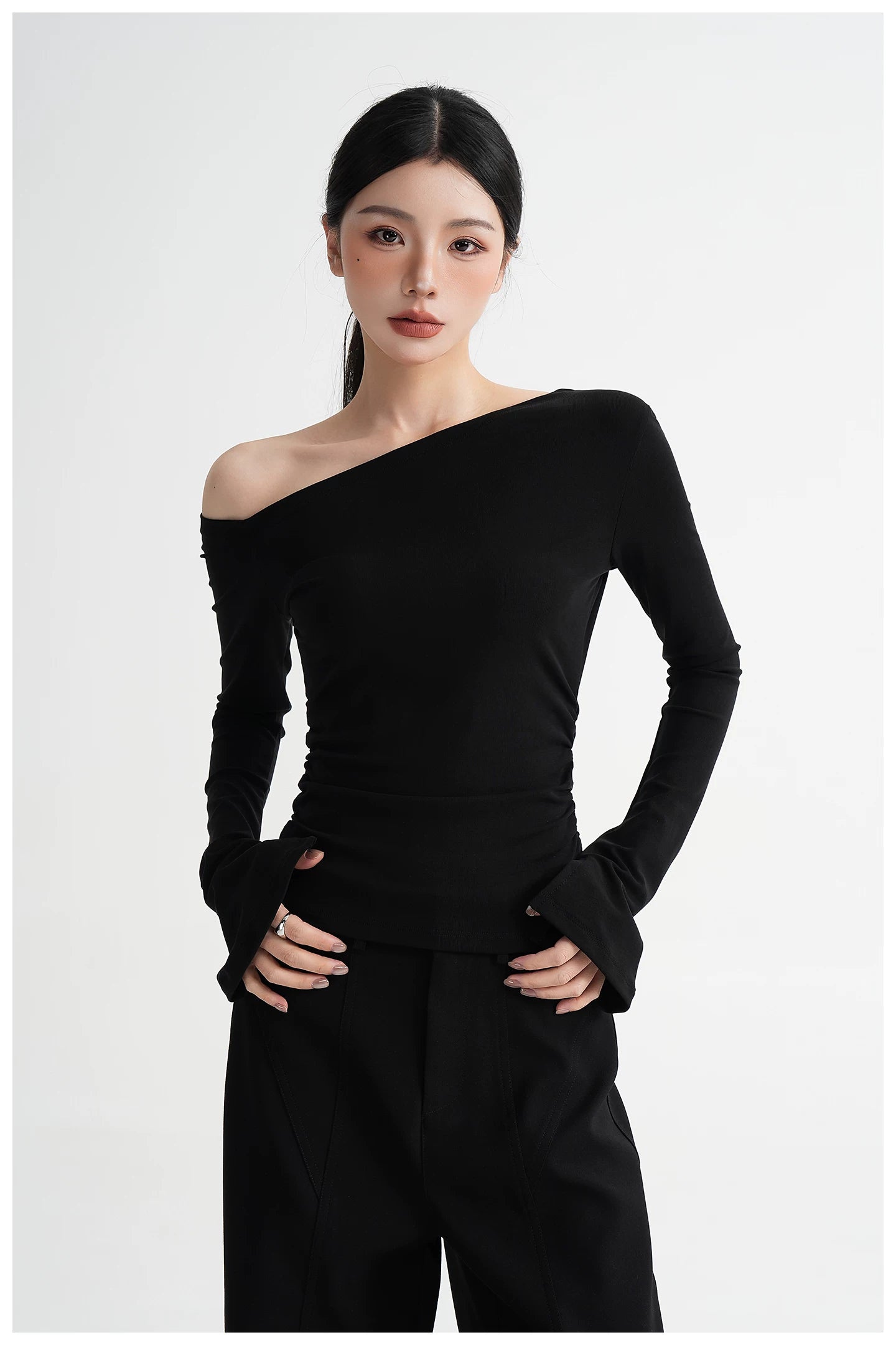 One-Shoulder Lyocell Flared Sleeve Fitted T-Shirt