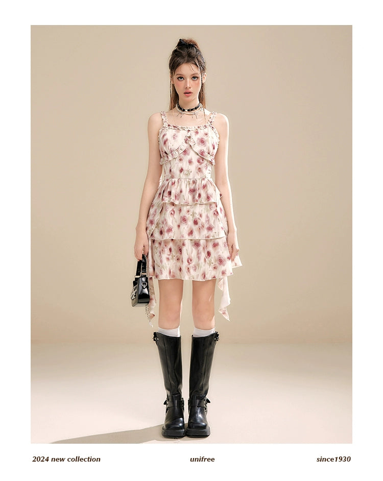 Apricot Floral Asymmetrical Strap Dress