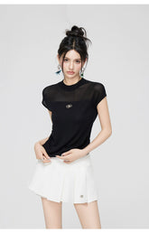 Yellow & Black Hollow Ruffled Knitted T-shirt - CHINASQUAD