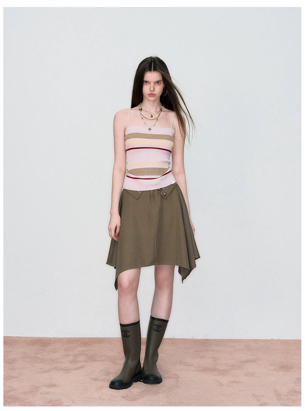 Knit Cardigan &amp; Striped Camisole Two-Piece Set