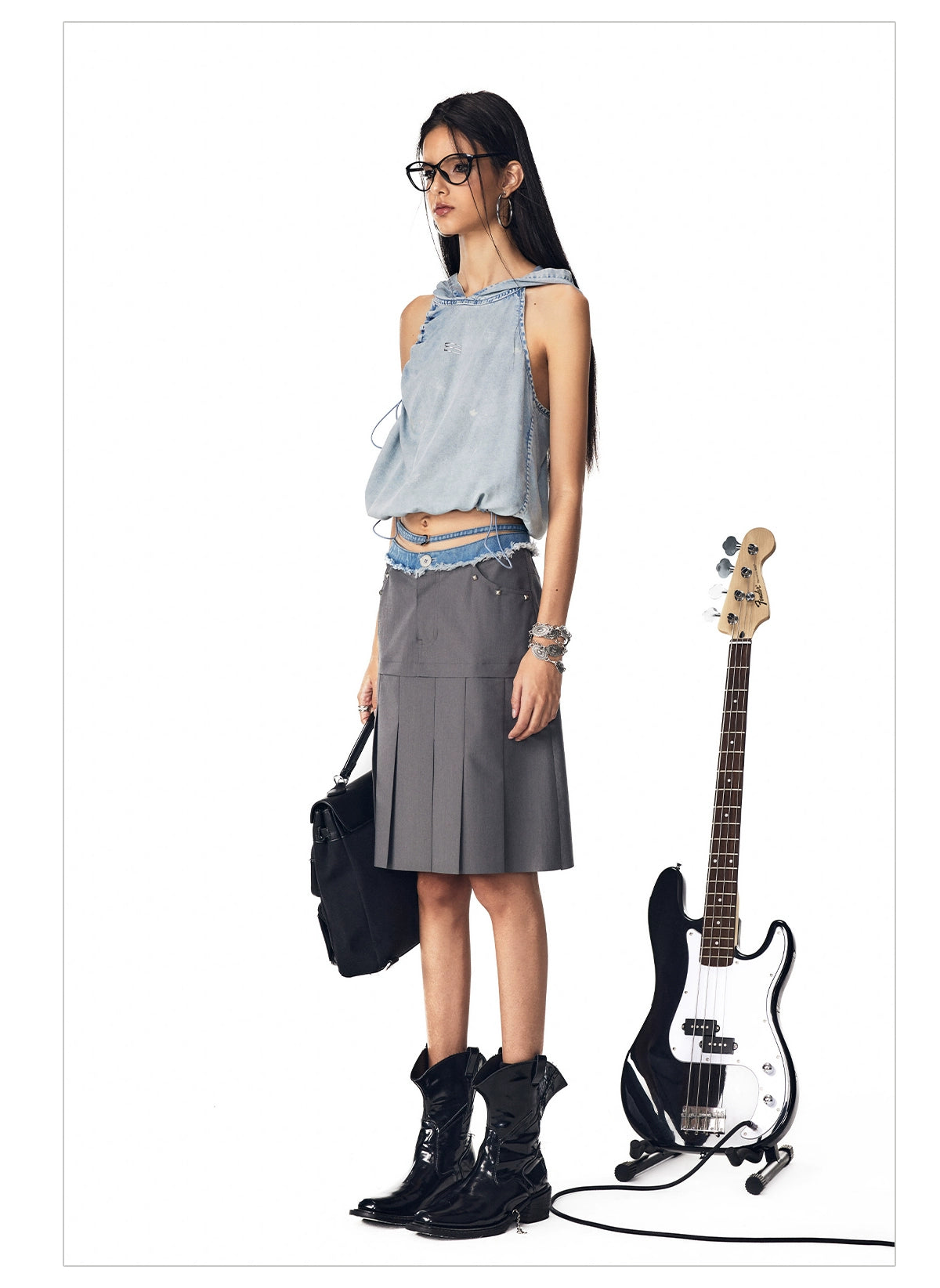 Blue Denim Pleated Skirt - CHINASQUAD