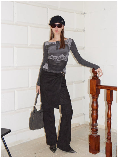 Reversible Face Print Henley Studded Sleeve Base Top